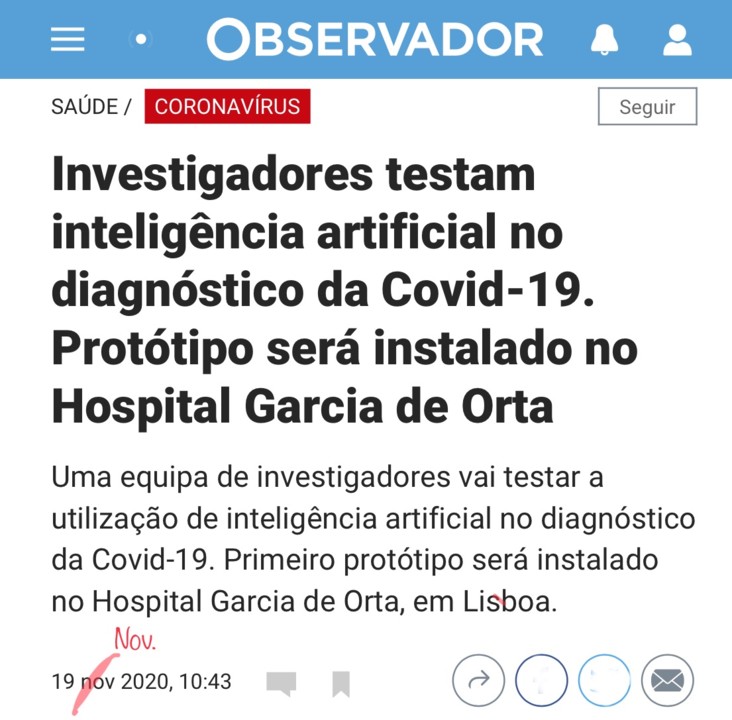 Maria Martinho, «Investigadores testam inteligência artificial no diagnóstico da COVID-19…», in Observidor (isto mesmo), 19/XI/2020