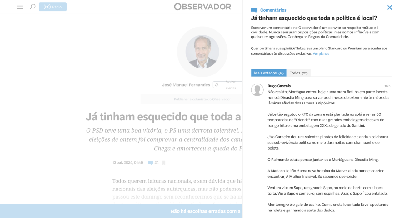 Zé Manel Fernandes, «Já tinham esquecido que toda a política é local?», Observidor [isto mesmo], 13/X/25.